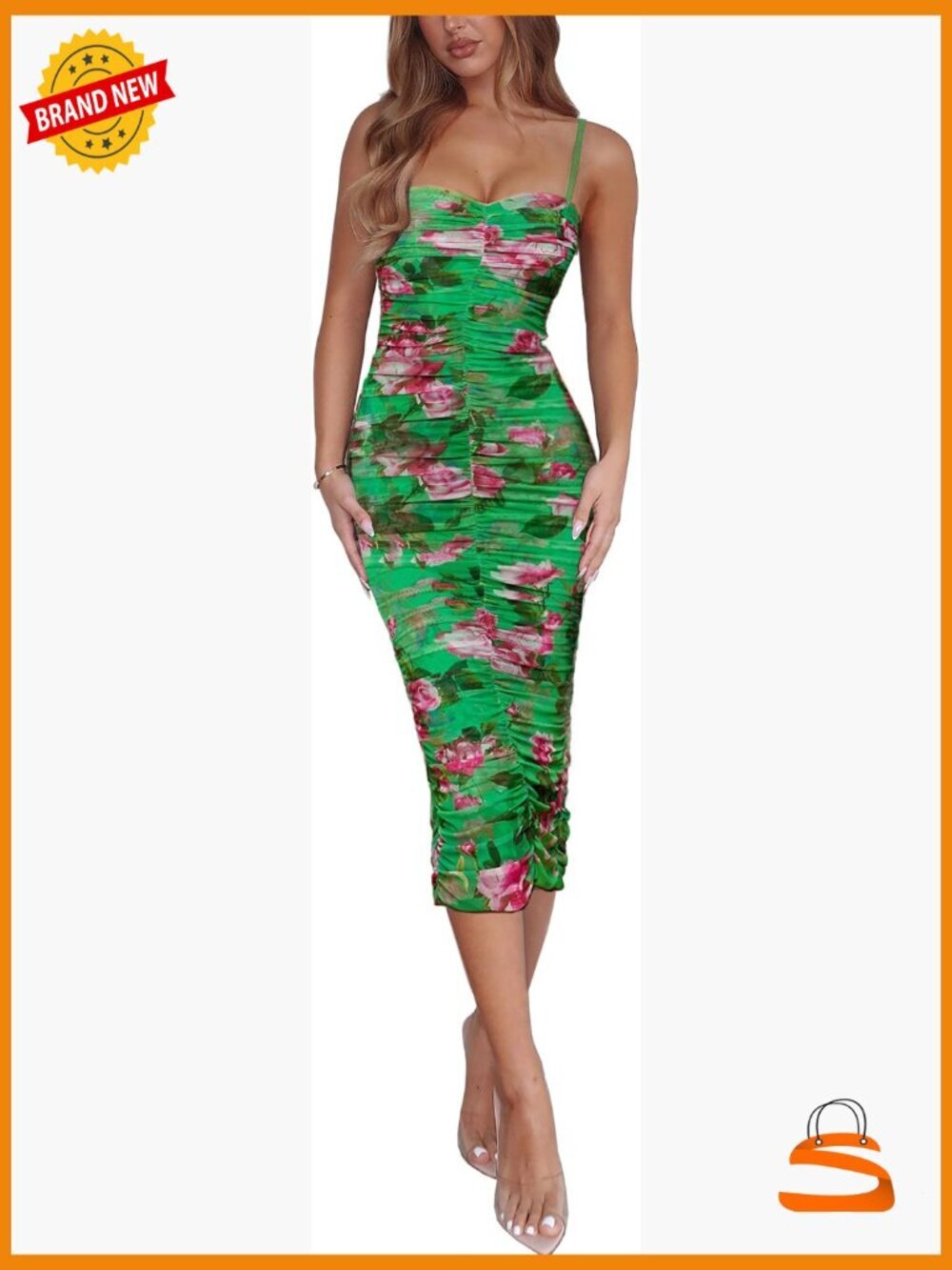 Summer Floral Mesh Ruched Bodycon Midi Dress Sleeveless Backless Cocktail
